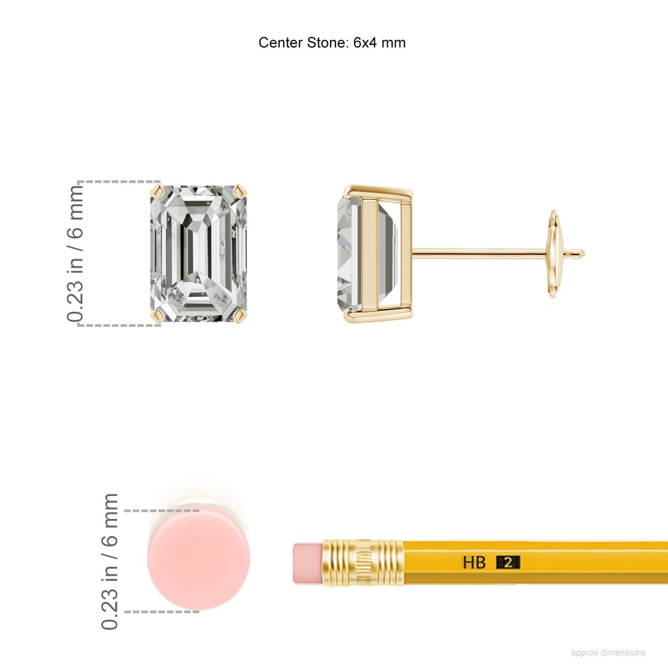 6x4mm KI3 Prong-Set Emerald-Cut Diamond Solitaire Stud Earrings in Yellow Gold ruler