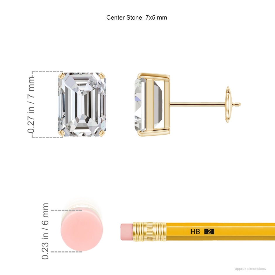 7x5mm IJI1I2 Prong-Set Emerald-Cut Diamond Solitaire Stud Earrings in Yellow Gold ruler