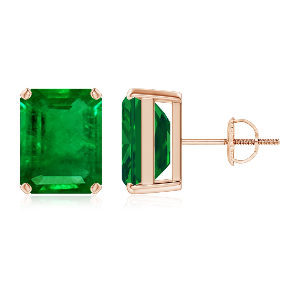 10x8mm AAAA Prong-Set Emerald-Cut Emerald Solitaire Stud Earrings in 18K Rose Gold