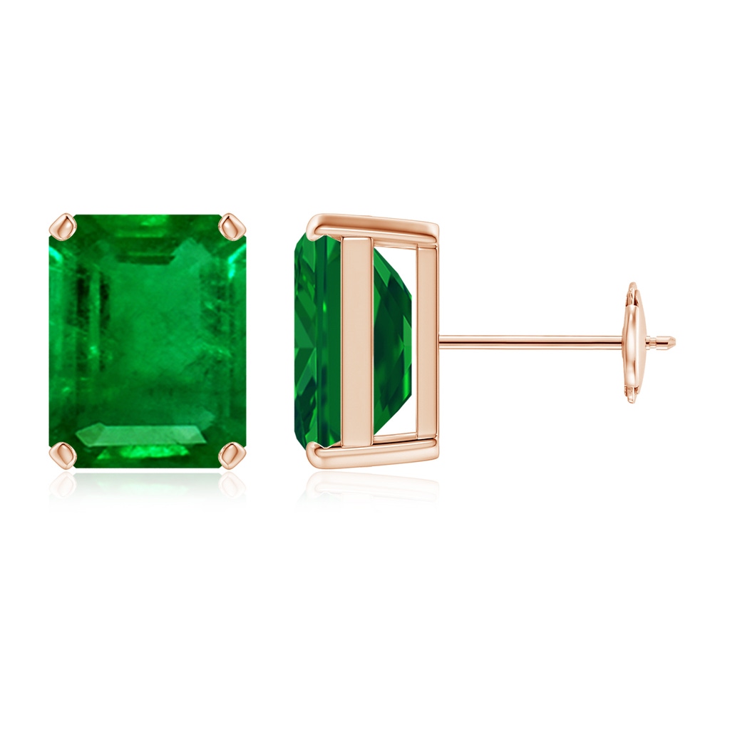 10x8mm AAAA Prong-Set Emerald-Cut Emerald Solitaire Stud Earrings in Rose Gold