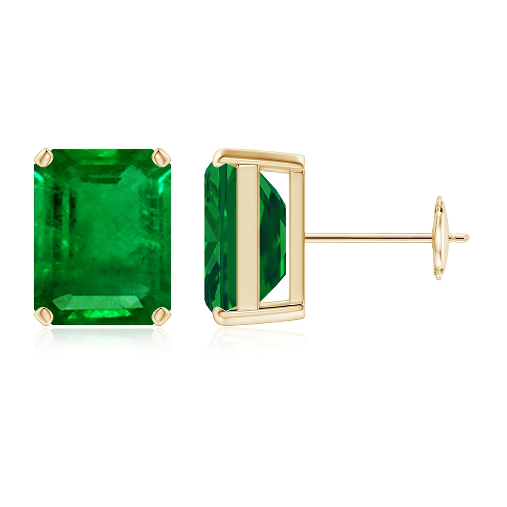 10x8mm AAAA Prong-Set Emerald-Cut Emerald Solitaire Stud Earrings in Yellow Gold