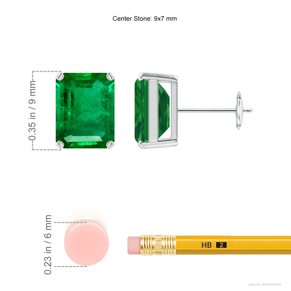 9x7mm AAA Prong-Set Emerald-Cut Emerald Solitaire Stud Earrings in White Gold ruler