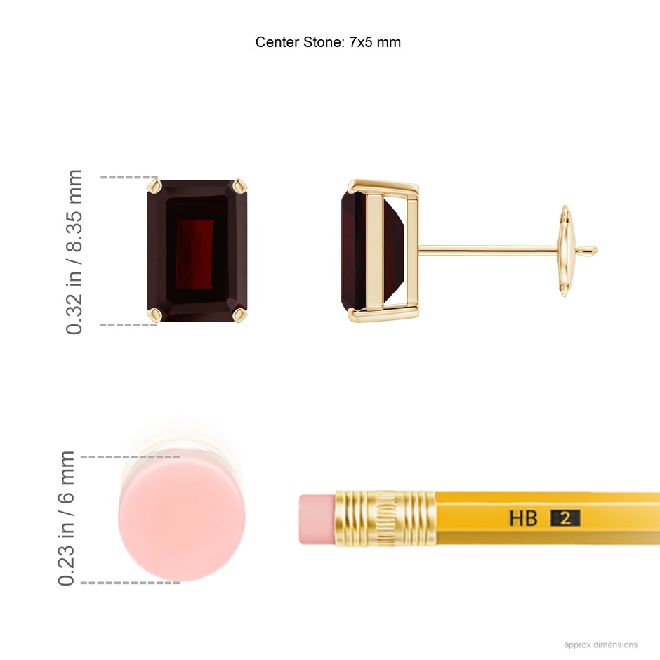 7x5mm A Prong-Set Emerald-Cut Garnet Solitaire Stud Earrings in 10K Yellow Gold ruler
