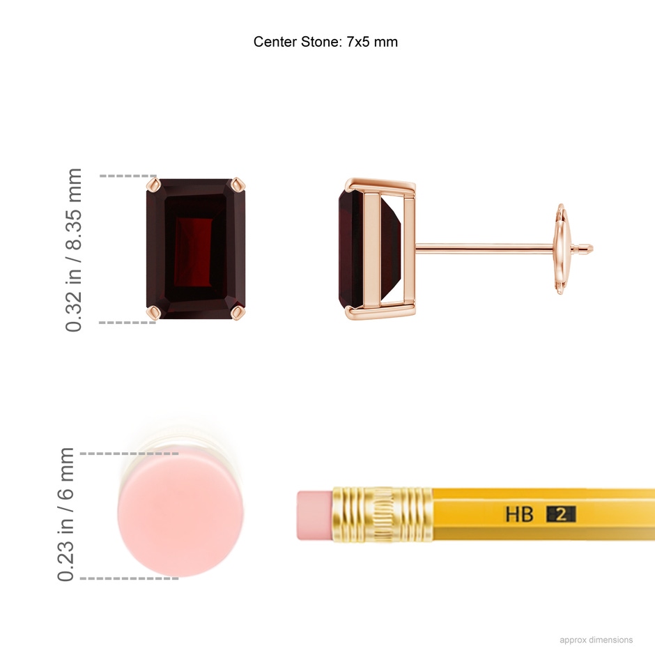 7x5mm A Prong-Set Emerald-Cut Garnet Solitaire Stud Earrings in Rose Gold ruler