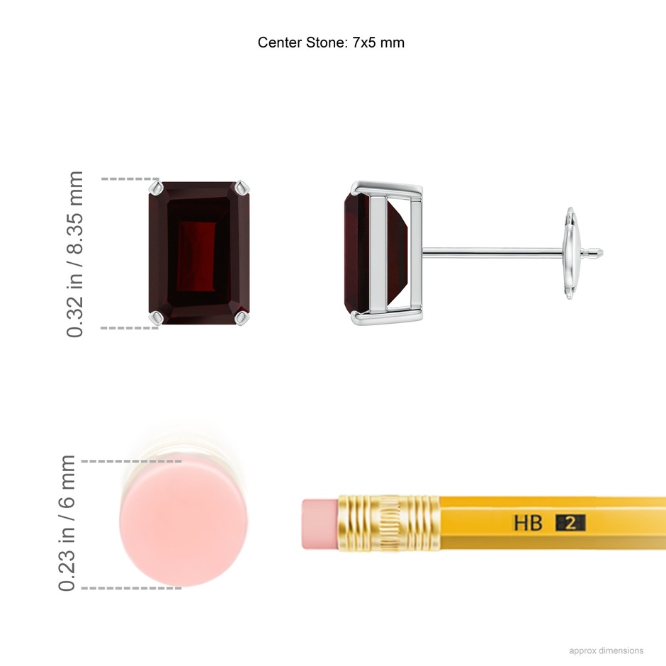 7x5mm A Prong-Set Emerald-Cut Garnet Solitaire Stud Earrings in White Gold ruler