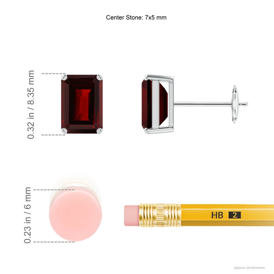 7x5mm AA Prong-Set Emerald-Cut Garnet Solitaire Stud Earrings in White Gold ruler