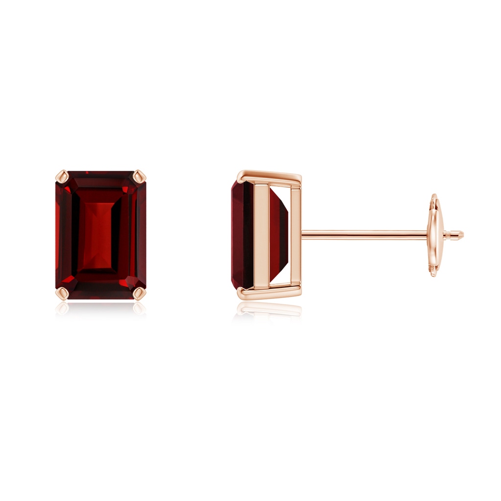 7x5mm AAAA Prong-Set Emerald-Cut Garnet Solitaire Stud Earrings in Rose Gold