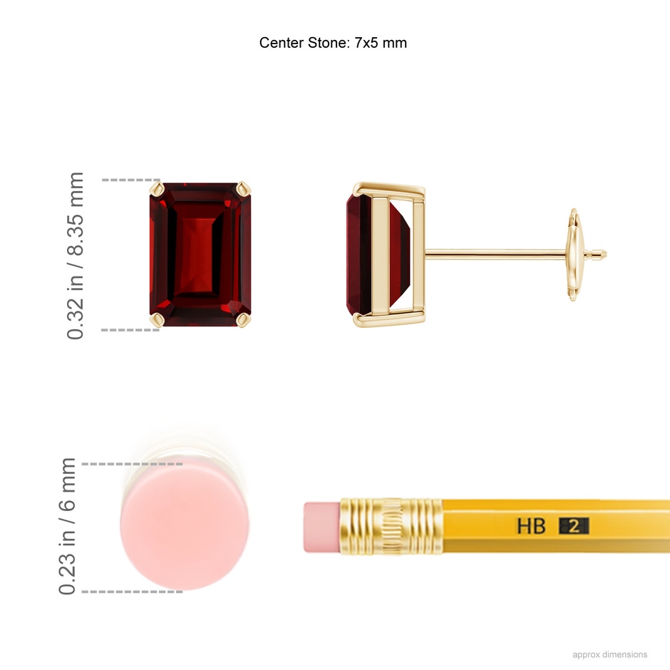 7x5mm AAAA Prong-Set Emerald-Cut Garnet Solitaire Stud Earrings in Yellow Gold ruler