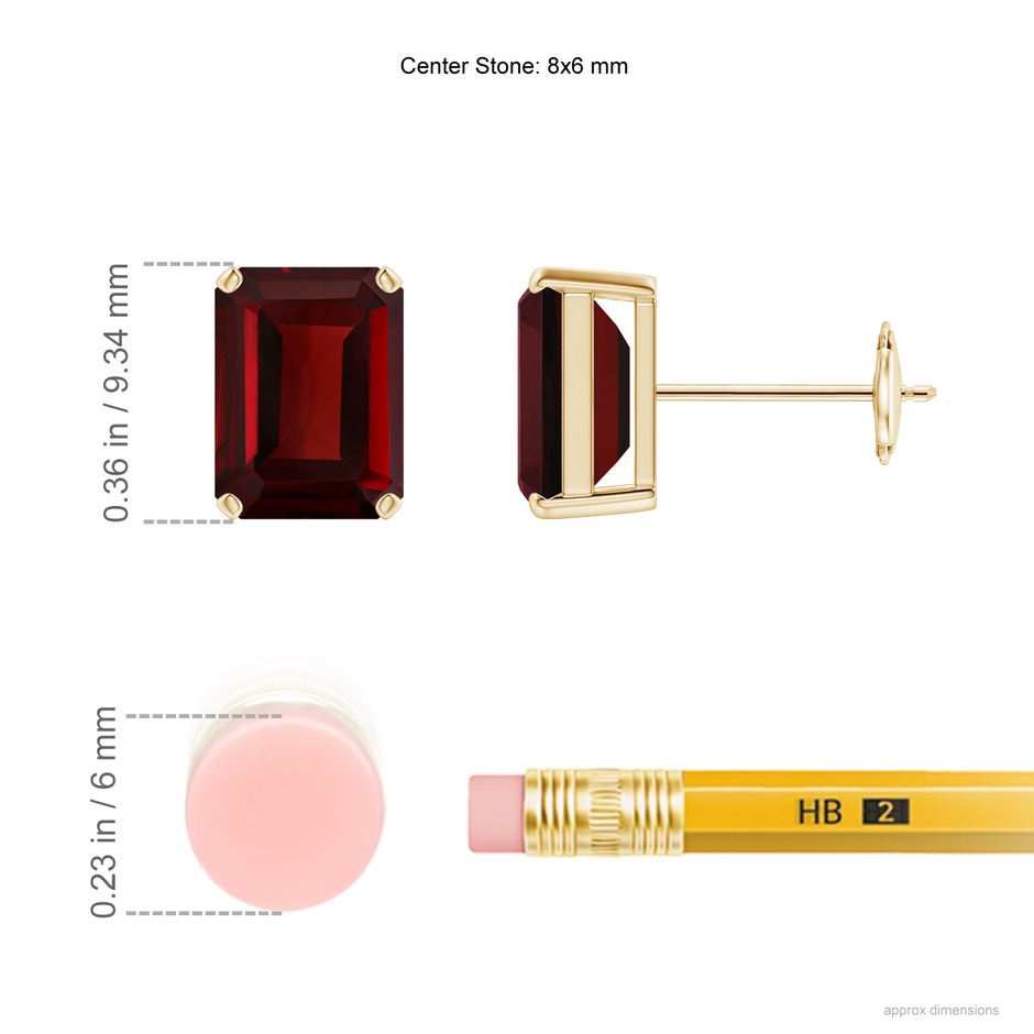 8x6mm AAA Prong-Set Emerald-Cut Garnet Solitaire Stud Earrings in 9K Yellow Gold ruler