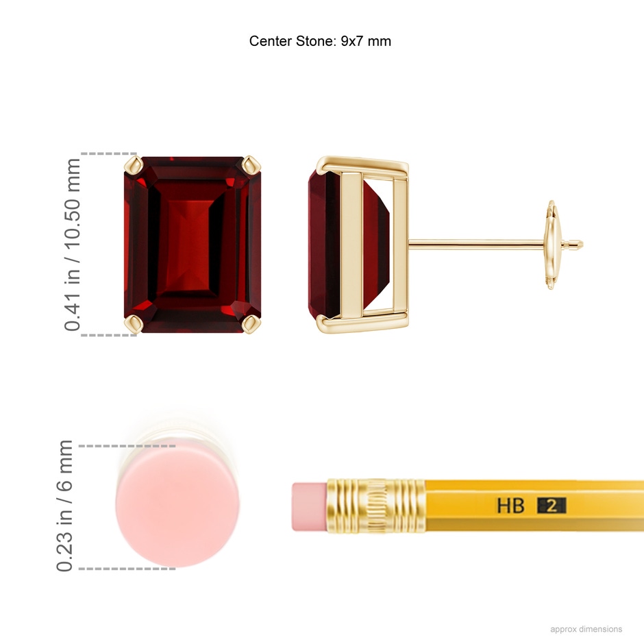 9x7mm AAAA Prong-Set Emerald-Cut Garnet Solitaire Stud Earrings in 9K Yellow Gold ruler