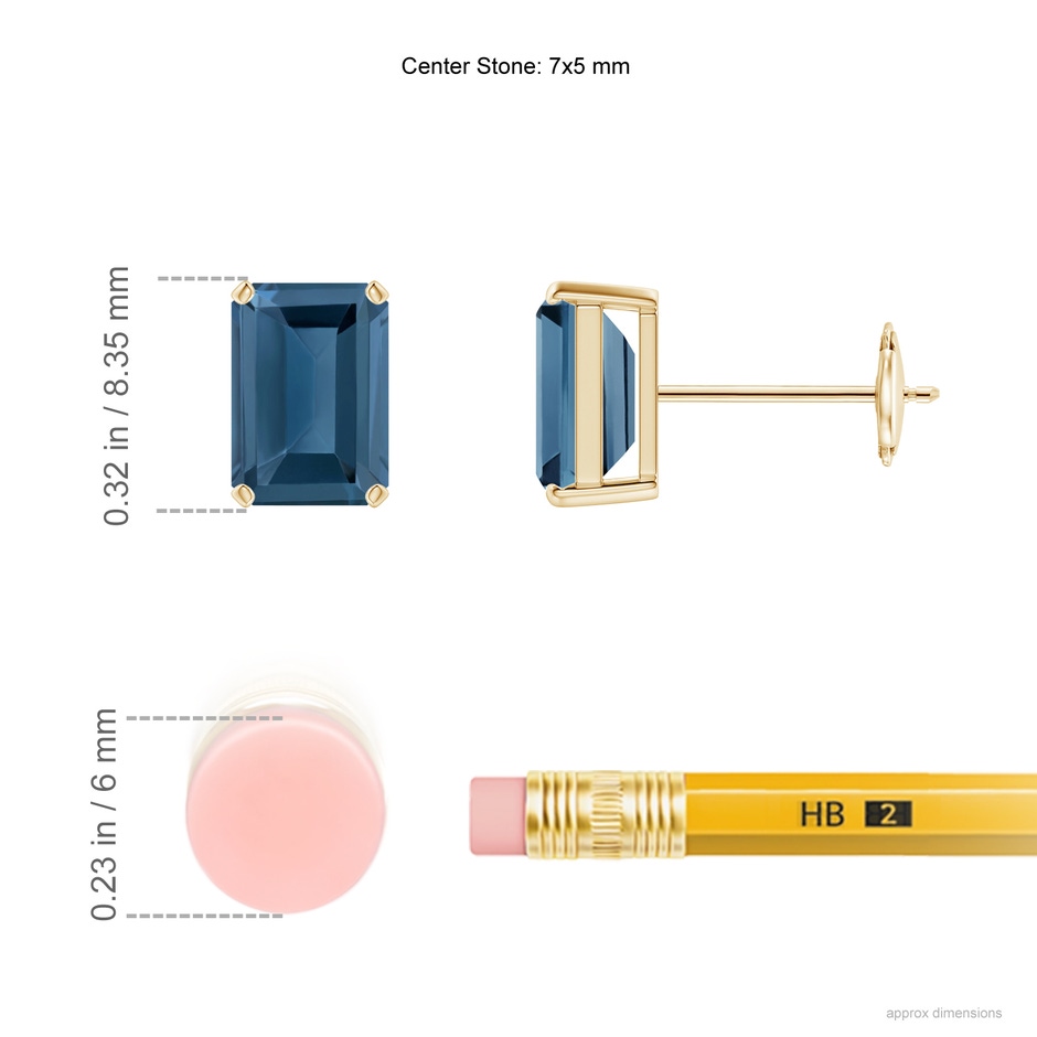 7x5mm A Prong-Set Emerald-Cut London Blue Topaz Solitaire Earrings in Yellow Gold ruler