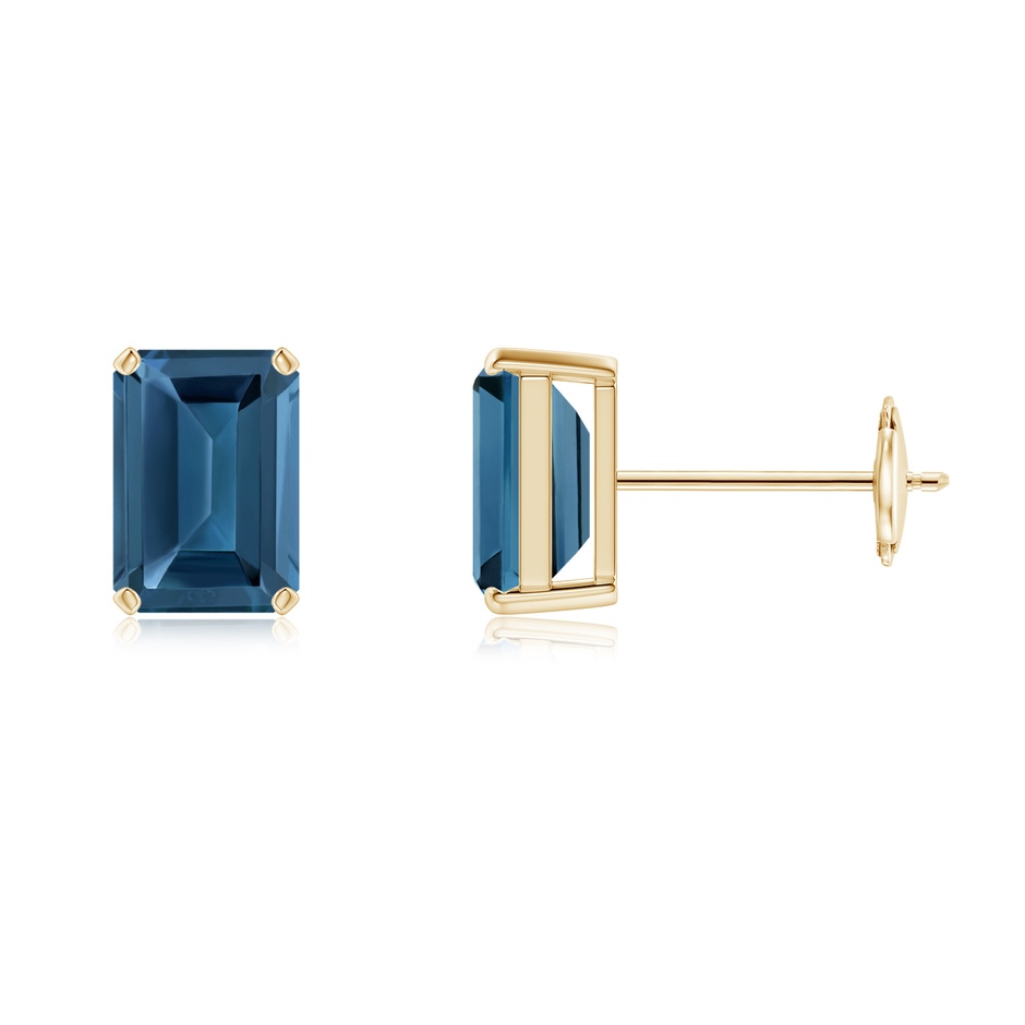 7x5mm AA Prong-Set Emerald-Cut London Blue Topaz Solitaire Earrings in 9K Yellow Gold 