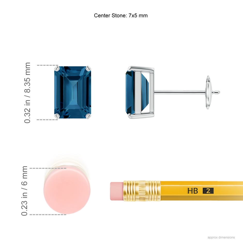 7x5mm AAA Prong-Set Emerald-Cut London Blue Topaz Solitaire Earrings in White Gold ruler