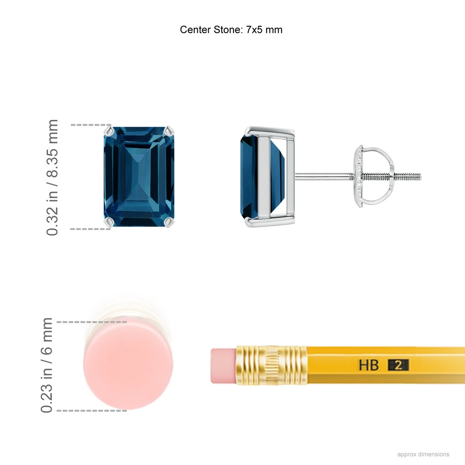 7x5mm AAAA Prong-Set Emerald-Cut London Blue Topaz Solitaire Earrings in P950 Platinum ruler