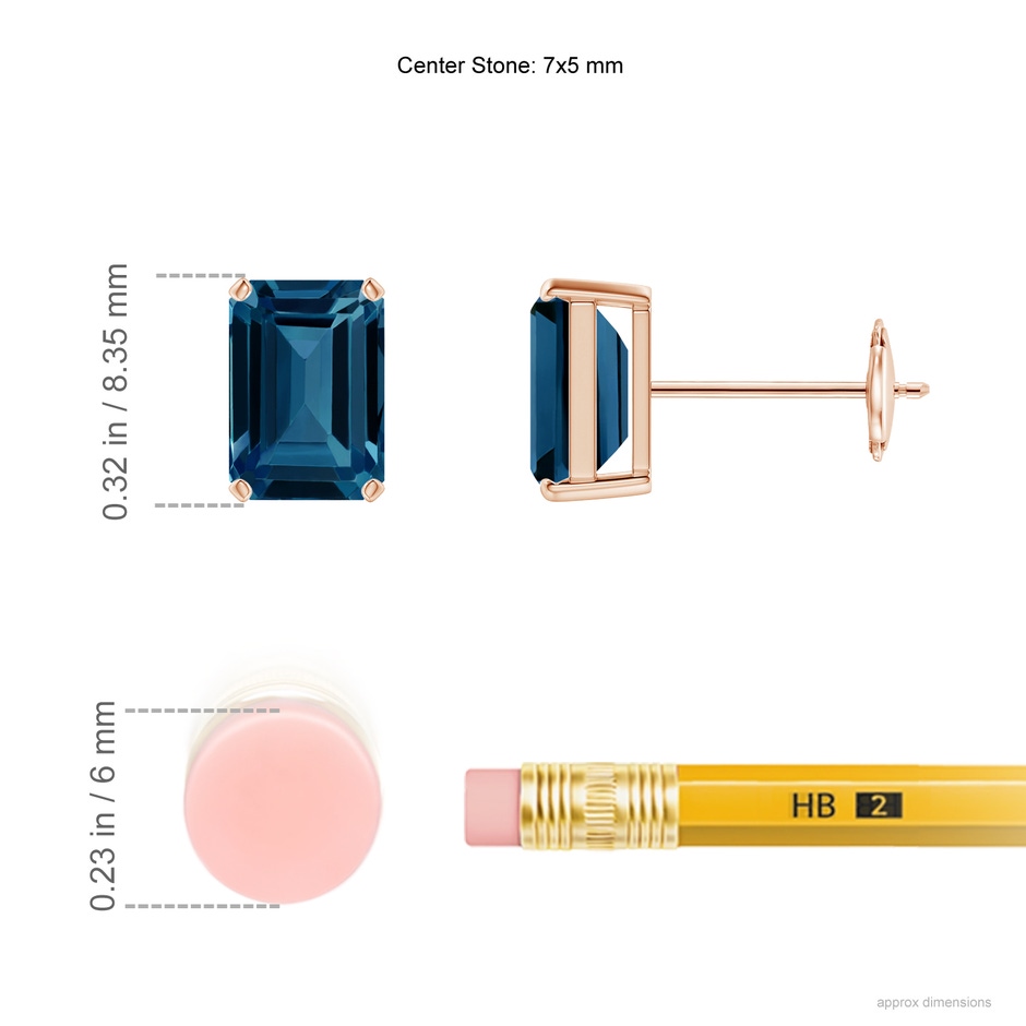 7x5mm AAAA Prong-Set Emerald-Cut London Blue Topaz Solitaire Earrings in Rose Gold ruler