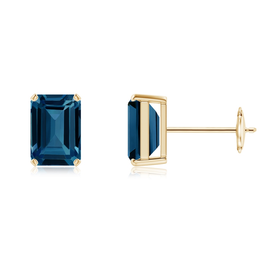 7x5mm AAAA Prong-Set Emerald-Cut London Blue Topaz Solitaire Earrings in Yellow Gold 