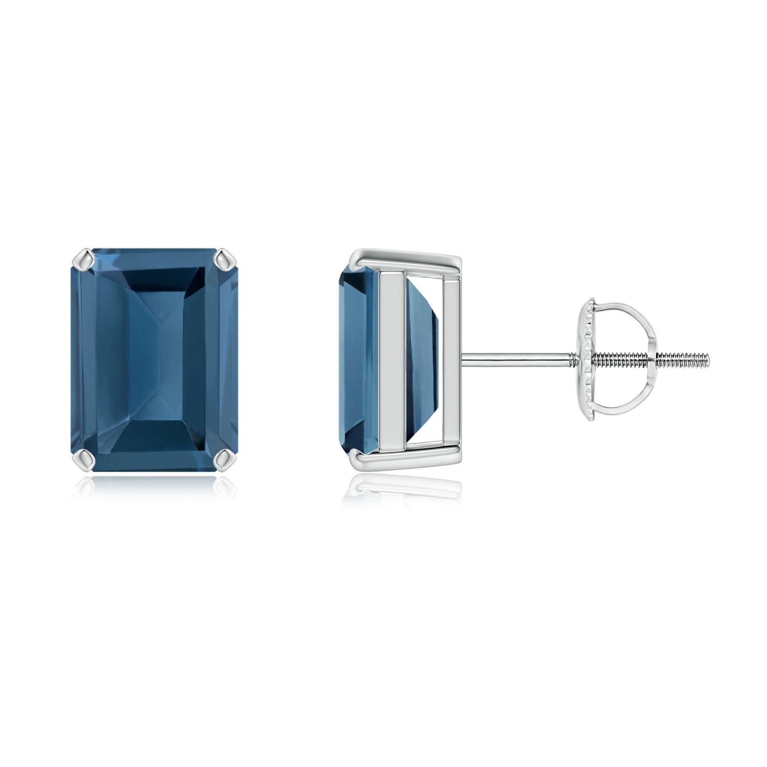 8x6mm A Prong-Set Emerald-Cut London Blue Topaz Solitaire Earrings in P950 Platinum