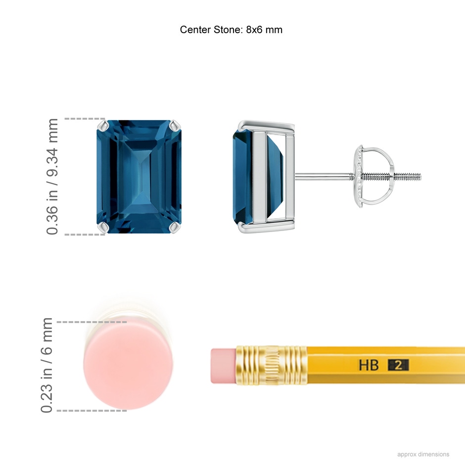 8x6mm AAA Prong-Set Emerald-Cut London Blue Topaz Solitaire Earrings in P950 Platinum ruler