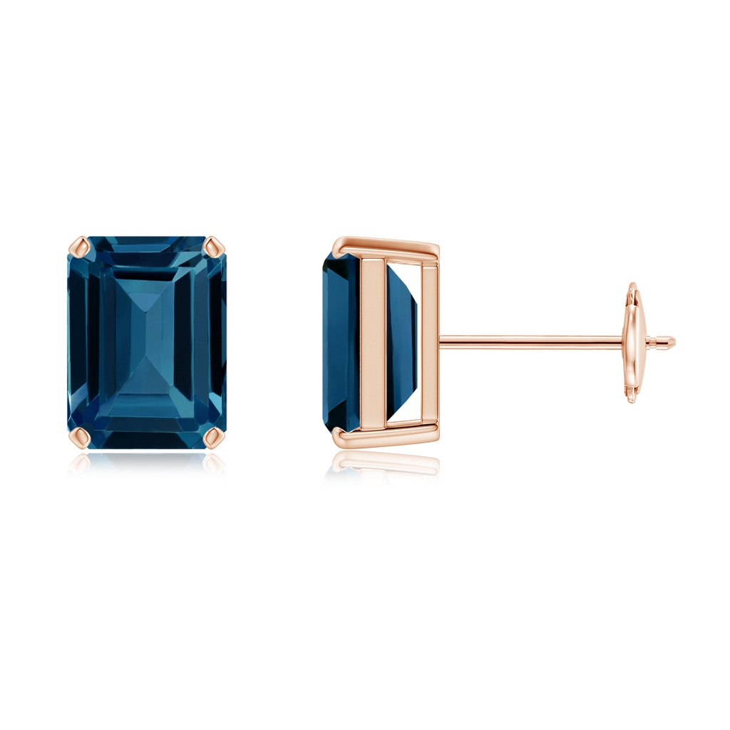 8x6mm AAAA Prong-Set Emerald-Cut London Blue Topaz Solitaire Earrings in Rose Gold