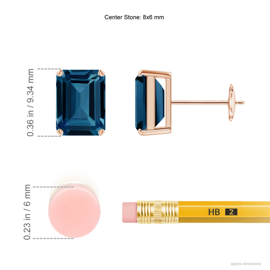 8x6mm AAAA Prong-Set Emerald-Cut London Blue Topaz Solitaire Earrings in Rose Gold ruler