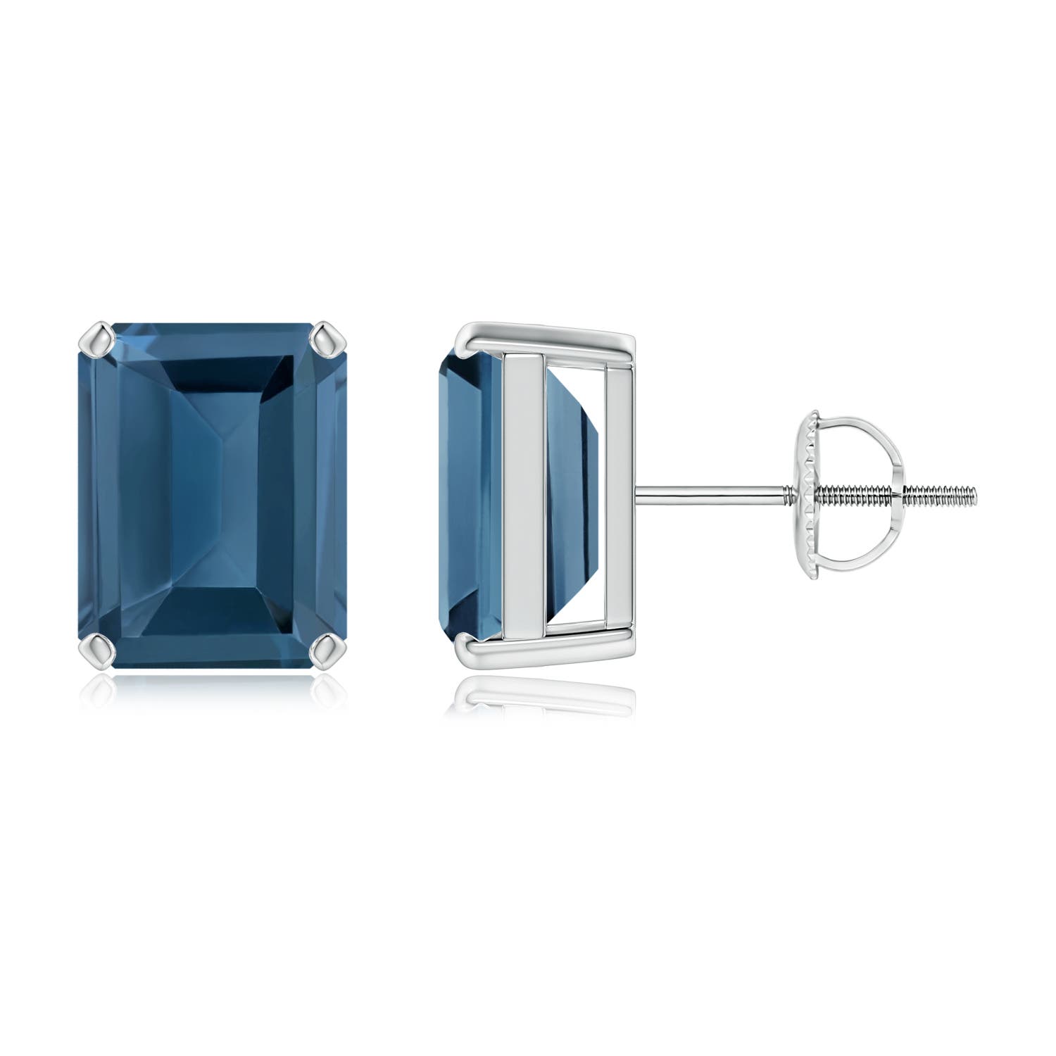 9x7mm A Prong-Set Emerald-Cut London Blue Topaz Solitaire Earrings in P950 Platinum