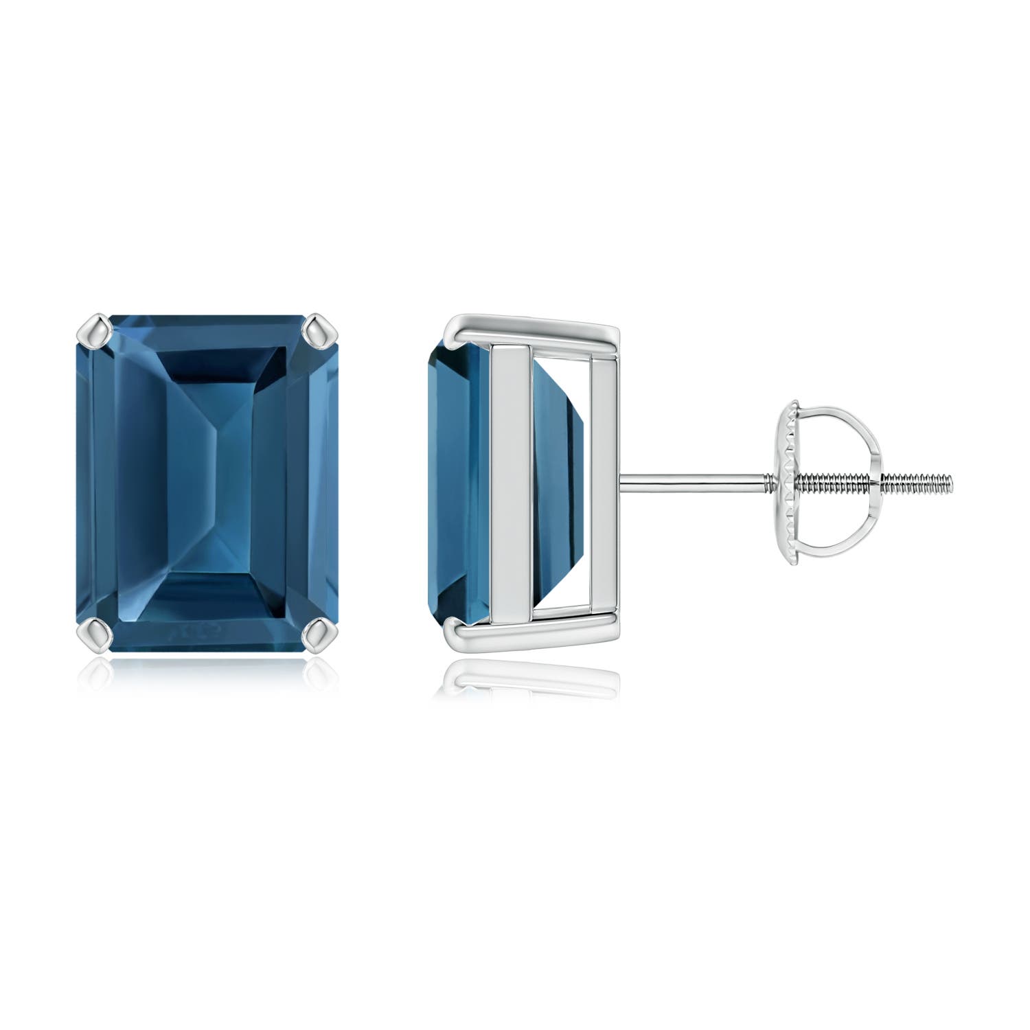 9x7mm AA Prong-Set Emerald-Cut London Blue Topaz Solitaire Earrings in P950 Platinum