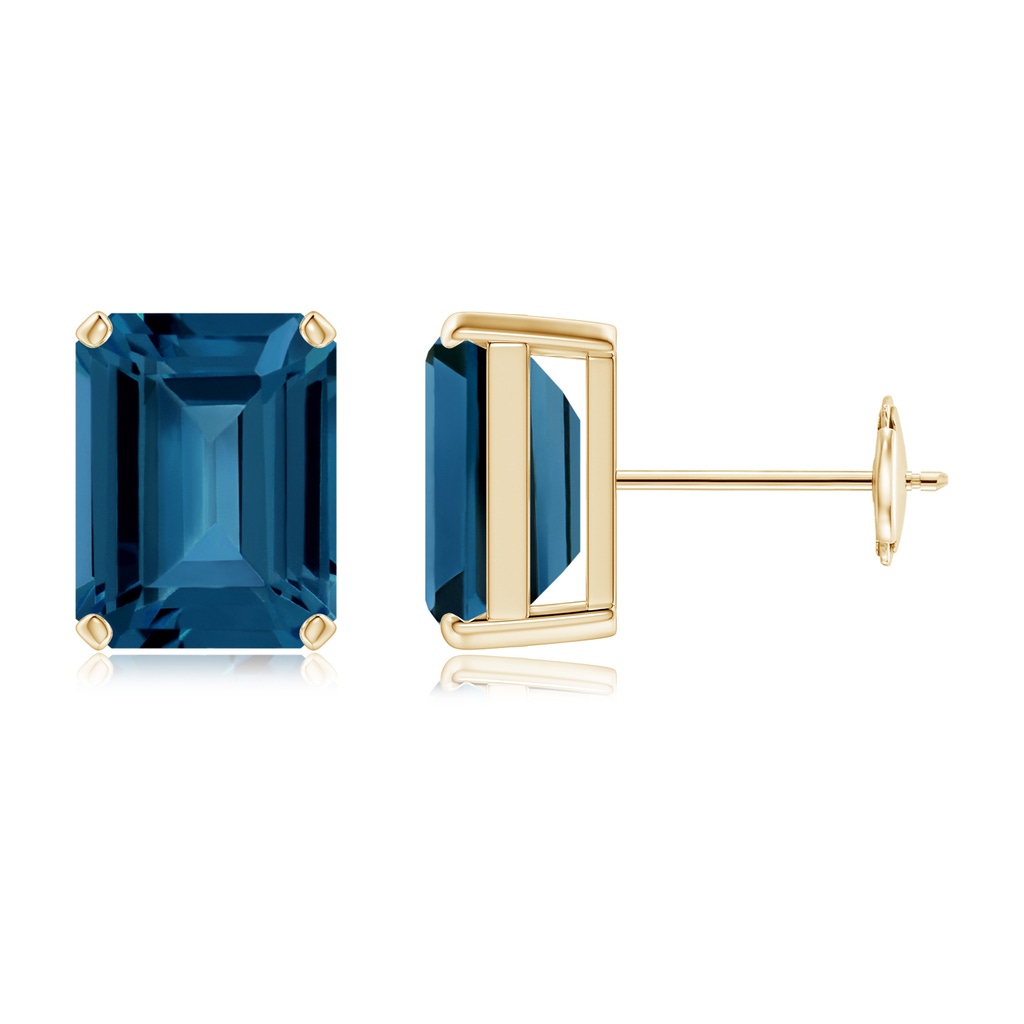 9x7mm AAA Prong-Set Emerald-Cut London Blue Topaz Solitaire Earrings in Yellow Gold