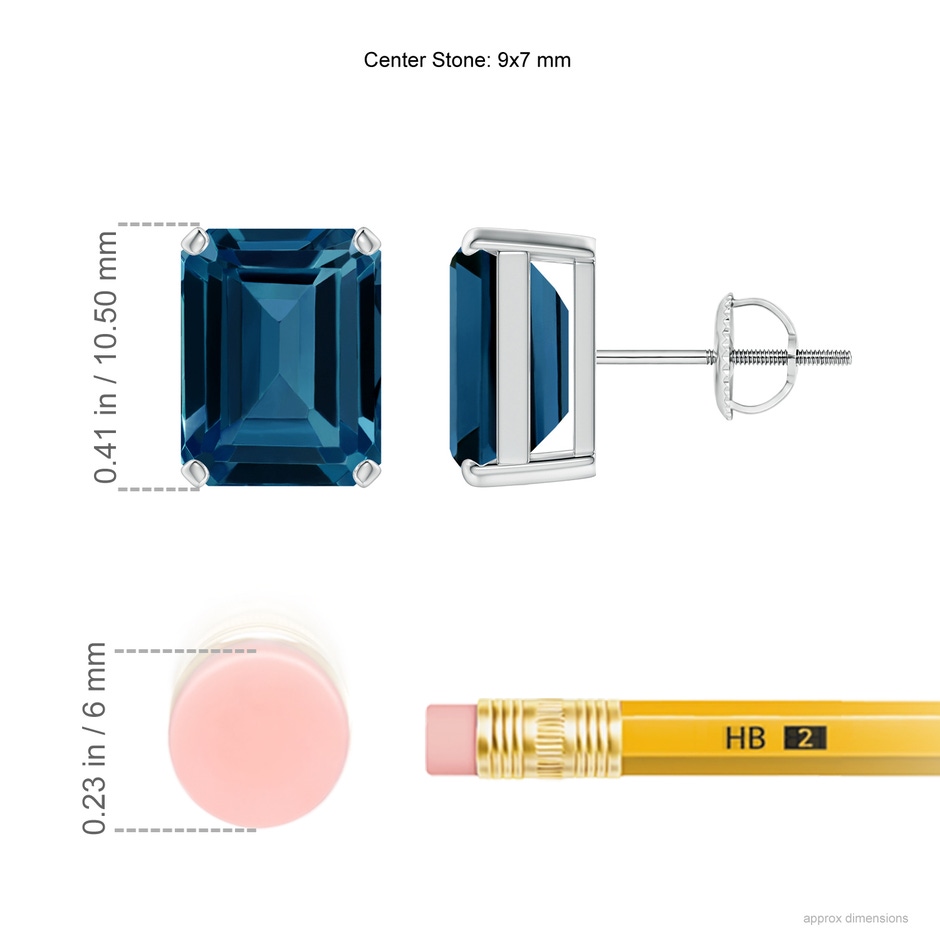 9x7mm AAAA Prong-Set Emerald-Cut London Blue Topaz Solitaire Earrings in P950 Platinum ruler