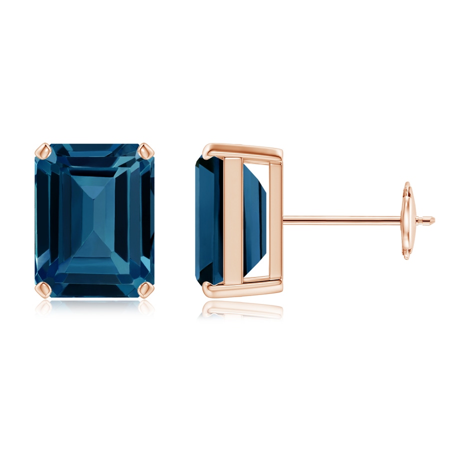 9x7mm AAAA Prong-Set Emerald-Cut London Blue Topaz Solitaire Earrings in Rose Gold 