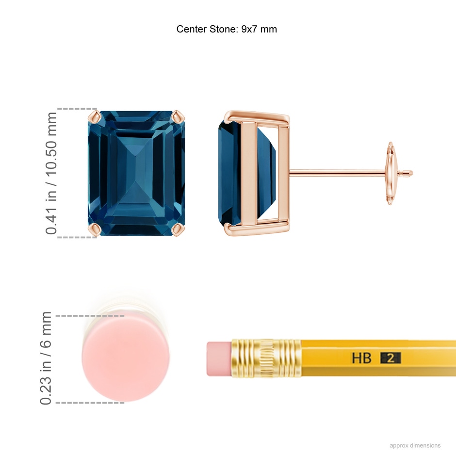 9x7mm AAAA Prong-Set Emerald-Cut London Blue Topaz Solitaire Earrings in Rose Gold ruler