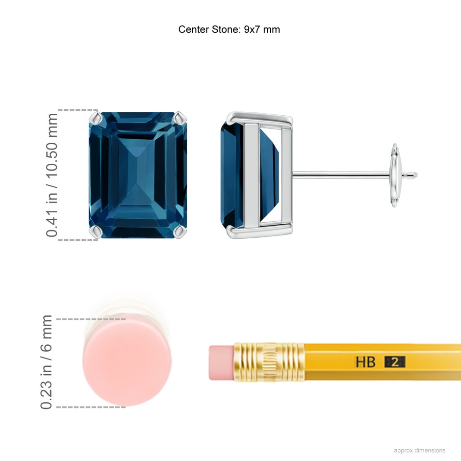 9x7mm AAAA Prong-Set Emerald-Cut London Blue Topaz Solitaire Earrings in White Gold ruler