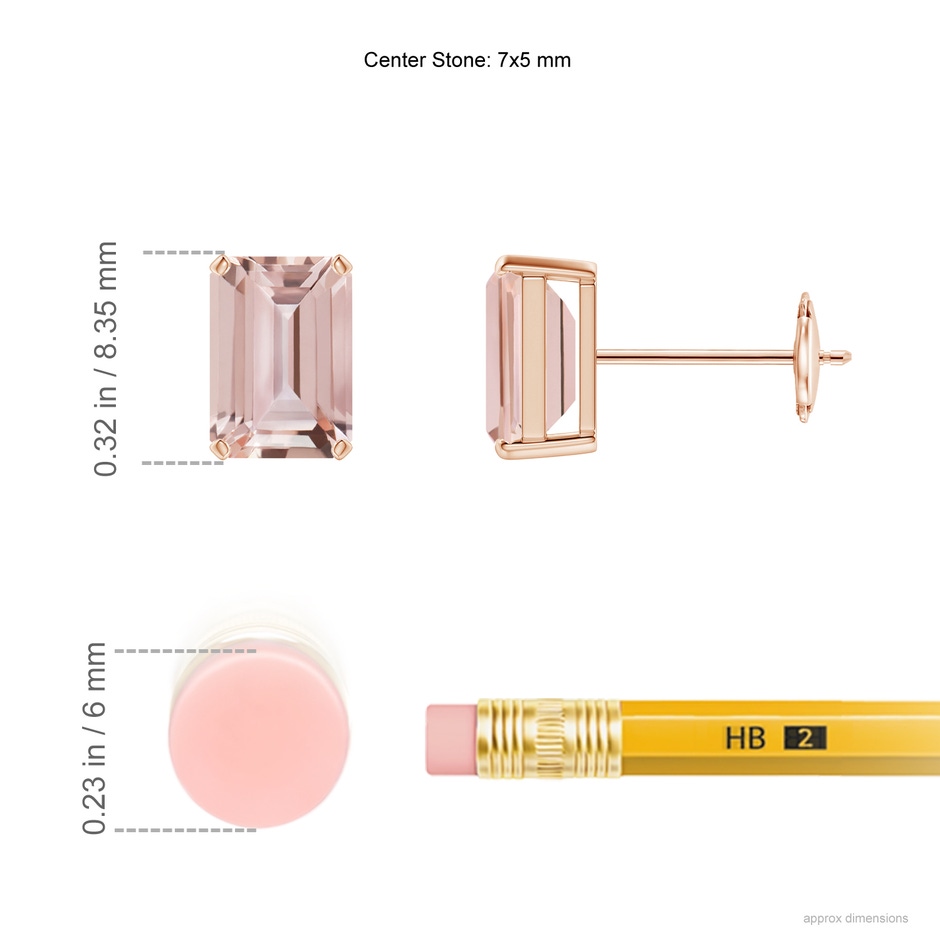 7x5mm AAA Prong-Set Emerald-Cut Morganite Solitaire Stud Earrings in Rose Gold ruler