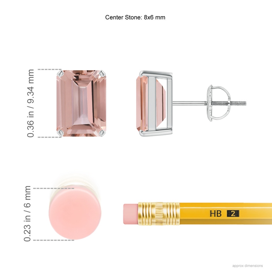 8x6mm AAAA Prong-Set Emerald-Cut Morganite Solitaire Stud Earrings in P950 Platinum ruler