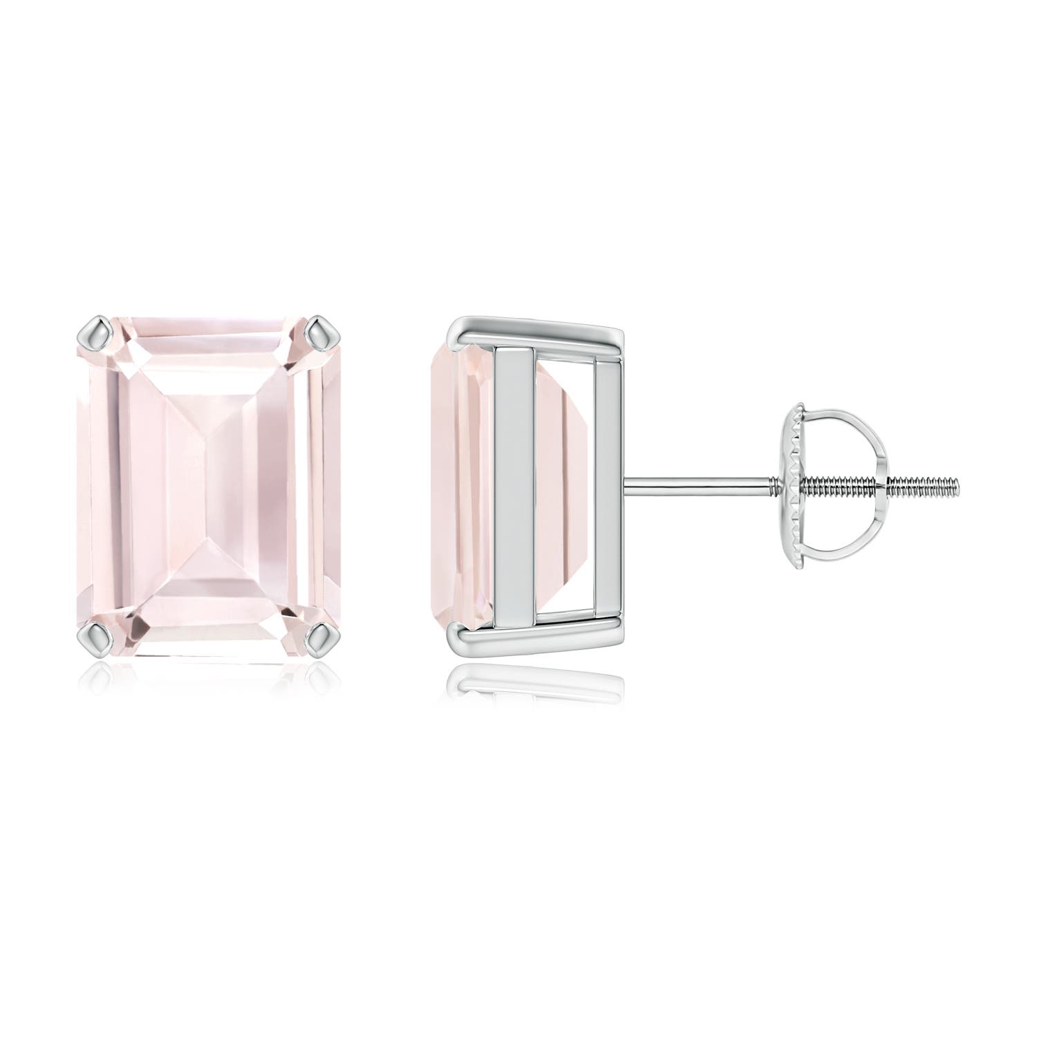 9x7mm A Prong-Set Emerald-Cut Morganite Solitaire Stud Earrings in P950 Platinum