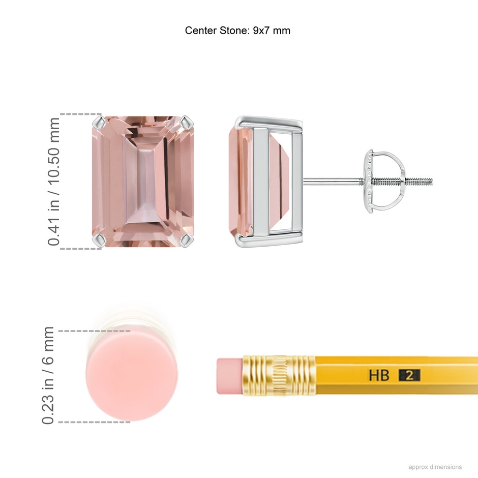 9x7mm AAAA Prong-Set Emerald-Cut Morganite Solitaire Stud Earrings in P950 Platinum ruler