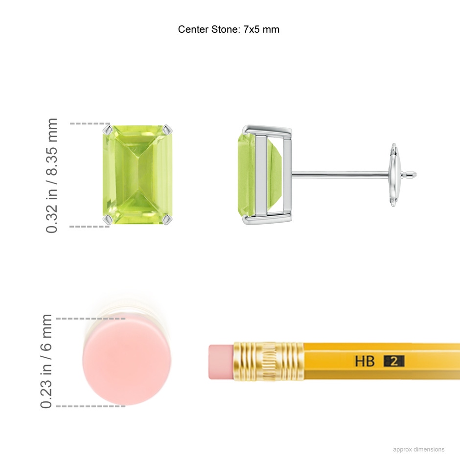 7x5mm A Prong-Set Emerald-Cut Peridot Solitaire Stud Earrings in 9K White Gold ruler