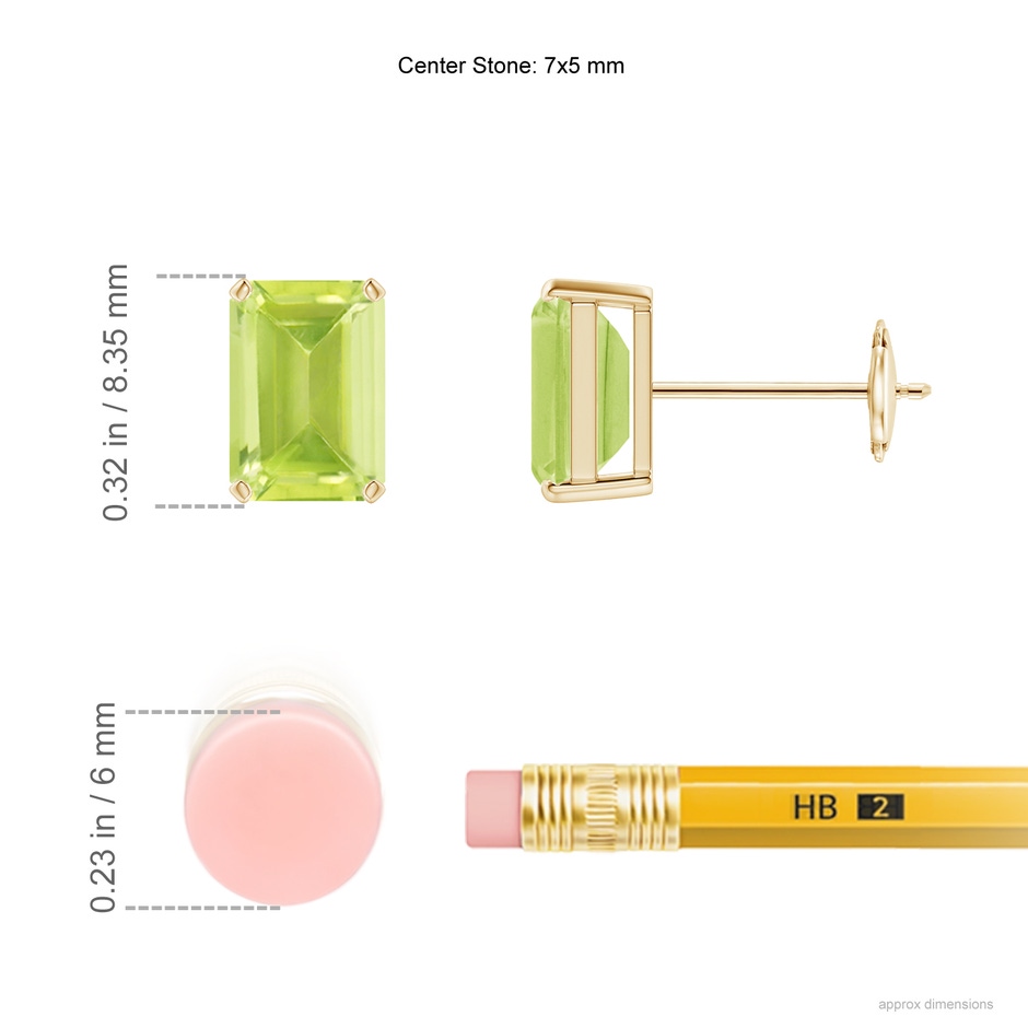 7x5mm A Prong-Set Emerald-Cut Peridot Solitaire Stud Earrings in Yellow Gold ruler