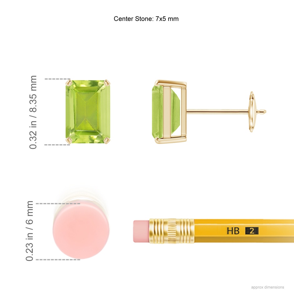 7x5mm AA Prong-Set Emerald-Cut Peridot Solitaire Stud Earrings in Yellow Gold ruler