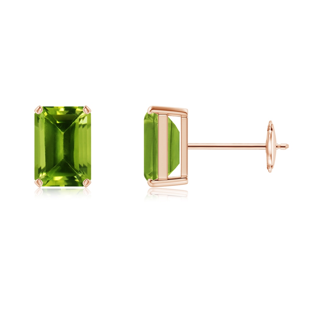 7x5mm AAAA Prong-Set Emerald-Cut Peridot Solitaire Stud Earrings in Rose Gold