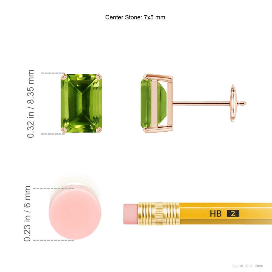 7x5mm AAAA Prong-Set Emerald-Cut Peridot Solitaire Stud Earrings in Rose Gold ruler