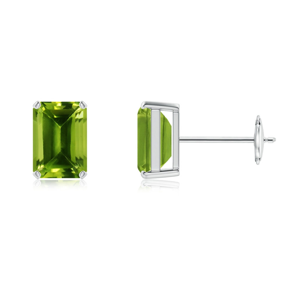 7x5mm AAAA Prong-Set Emerald-Cut Peridot Solitaire Stud Earrings in White Gold