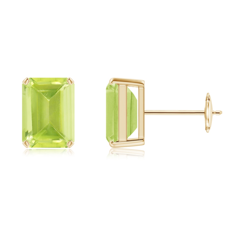8x6mm A Prong-Set Emerald-Cut Peridot Solitaire Stud Earrings in 9K Yellow Gold 