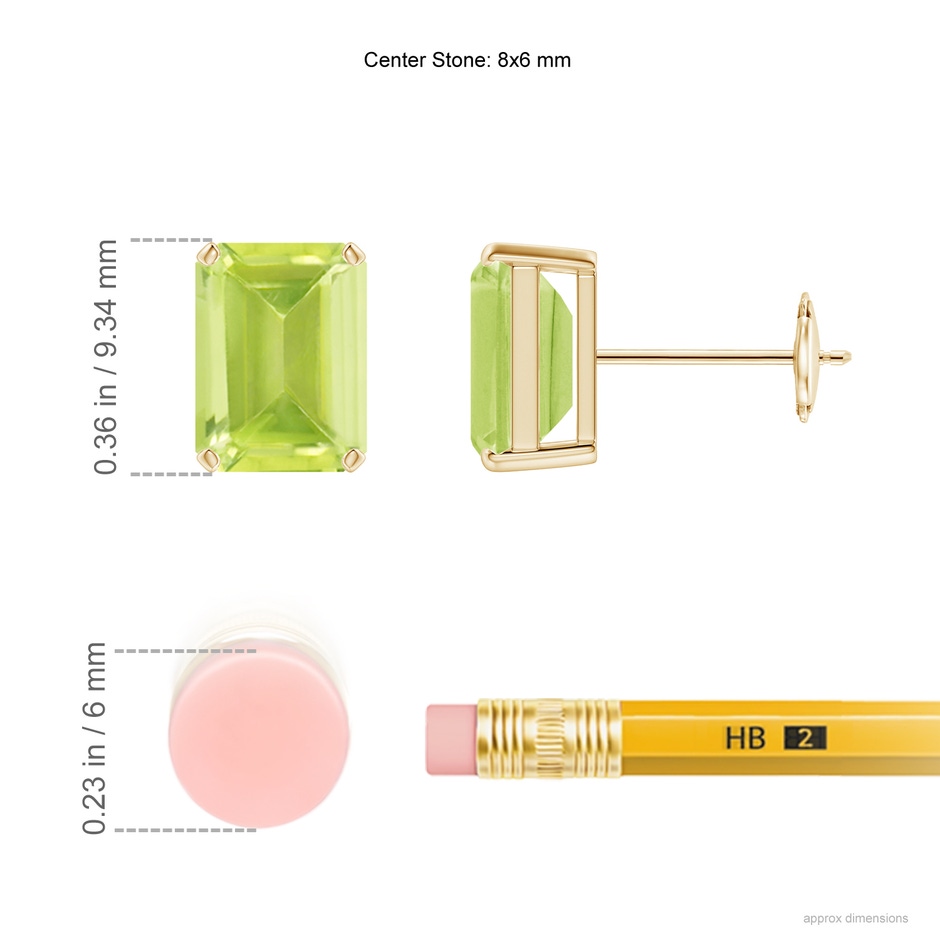 8x6mm A Prong-Set Emerald-Cut Peridot Solitaire Stud Earrings in 9K Yellow Gold ruler