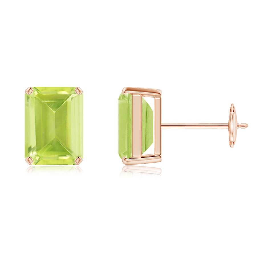 8x6mm A Prong-Set Emerald-Cut Peridot Solitaire Stud Earrings in Rose Gold 