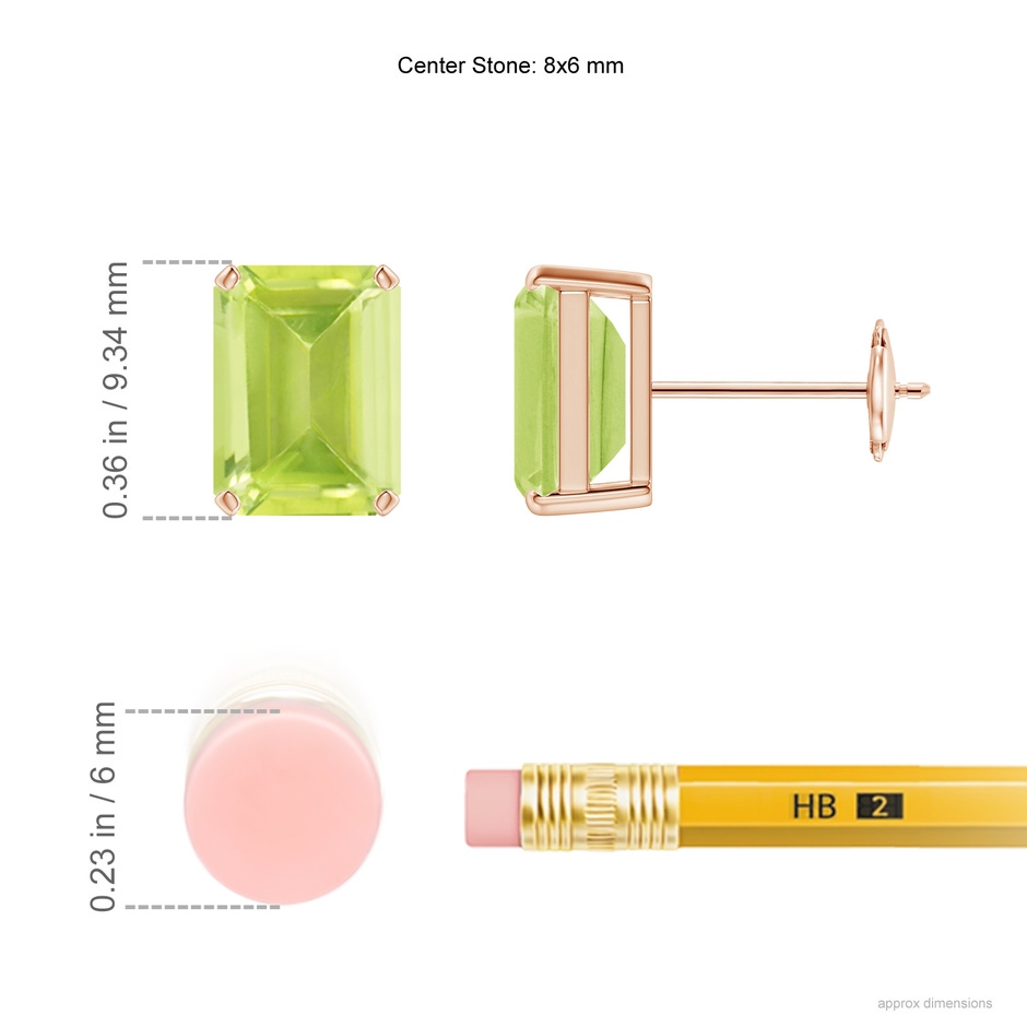 8x6mm A Prong-Set Emerald-Cut Peridot Solitaire Stud Earrings in Rose Gold ruler