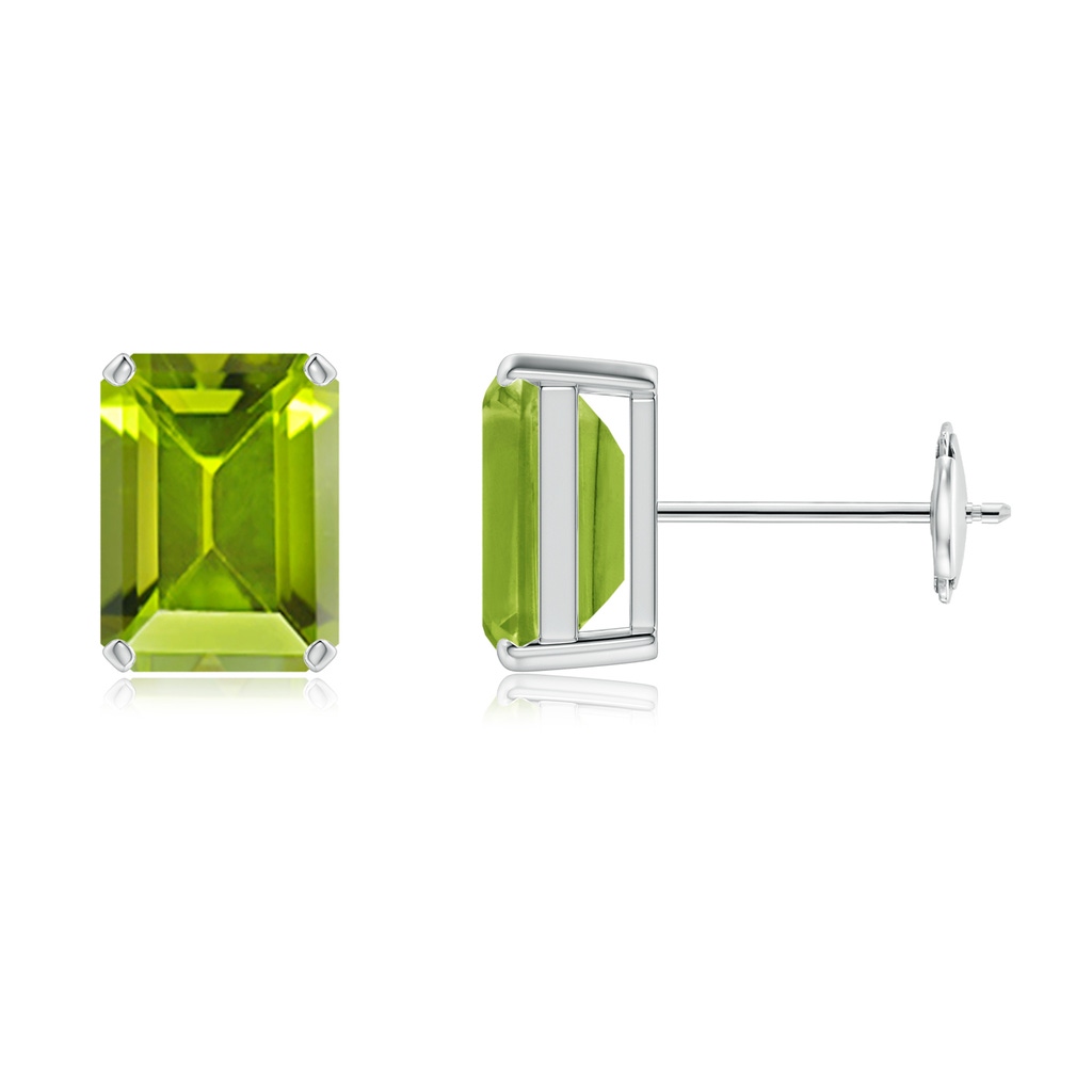 8x6mm AAA Prong-Set Emerald-Cut Peridot Solitaire Stud Earrings in White Gold