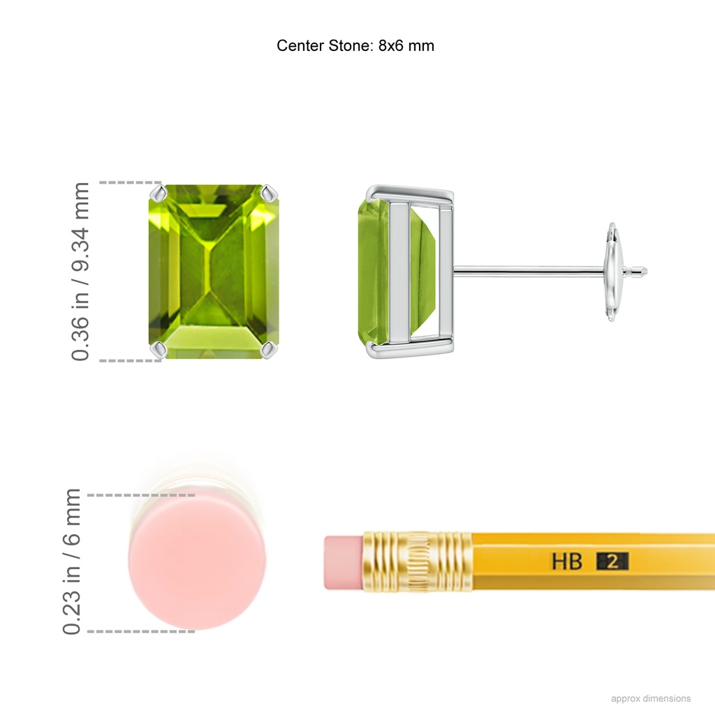 8x6mm AAA Prong-Set Emerald-Cut Peridot Solitaire Stud Earrings in White Gold ruler