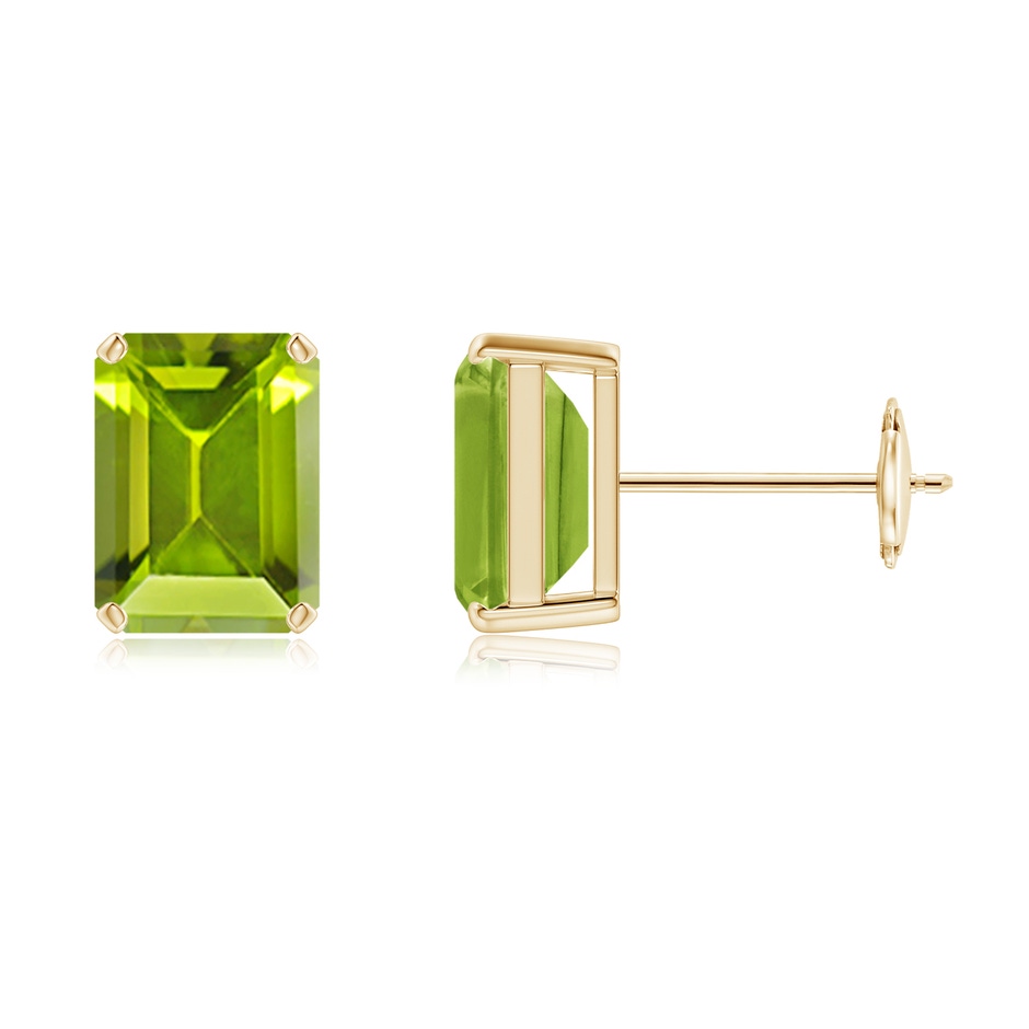 8x6mm AAA Prong-Set Emerald-Cut Peridot Solitaire Stud Earrings in Yellow Gold 