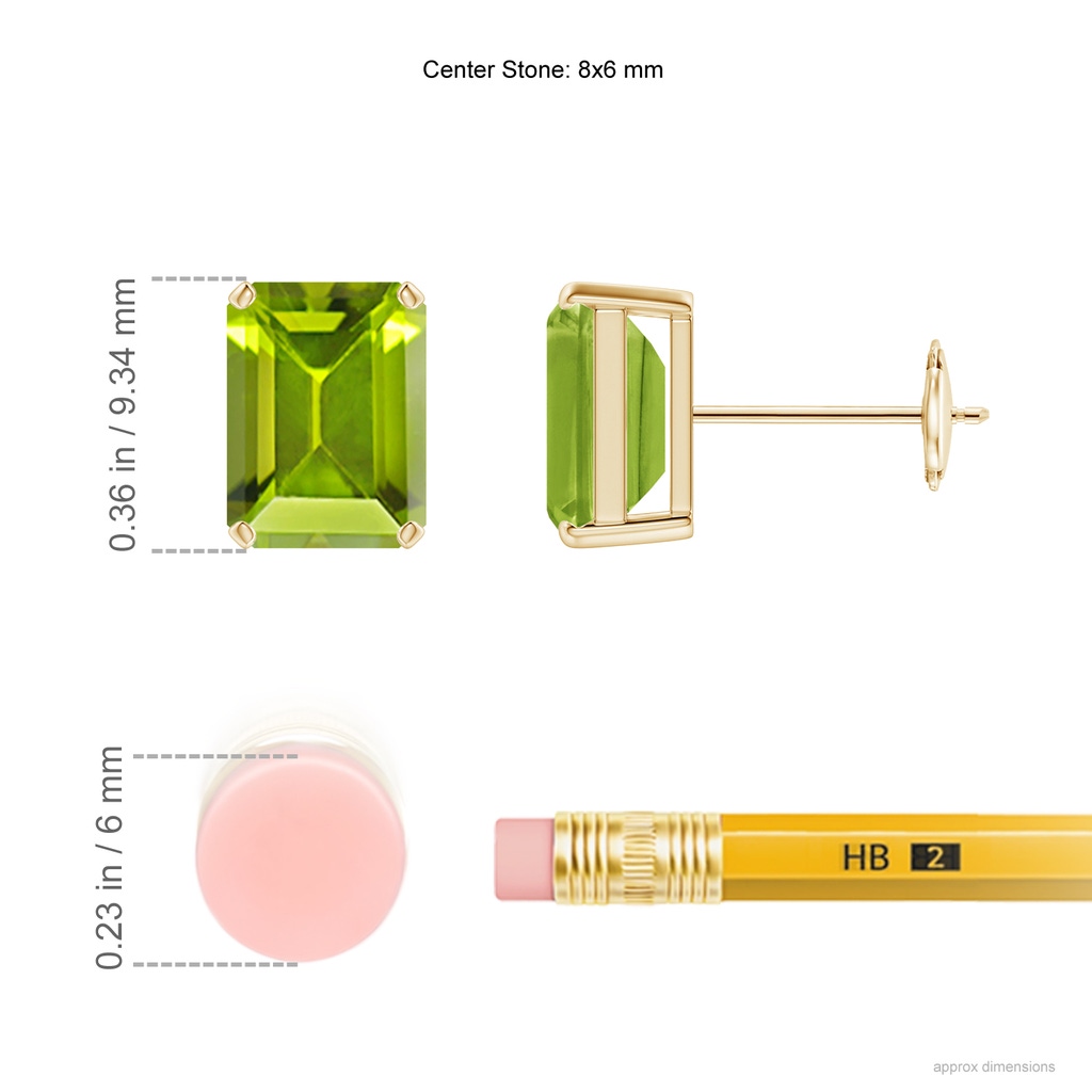 8x6mm AAA Prong-Set Emerald-Cut Peridot Solitaire Stud Earrings in Yellow Gold ruler
