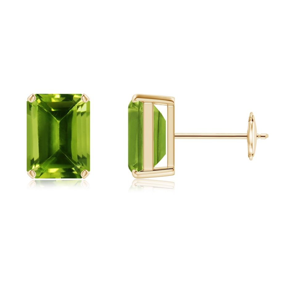 8x6mm AAAA Prong-Set Emerald-Cut Peridot Solitaire Stud Earrings in Yellow Gold 